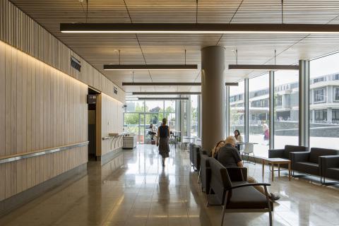 Waiting area at new Christchurch Hospital Outpatients building flooded with natural light